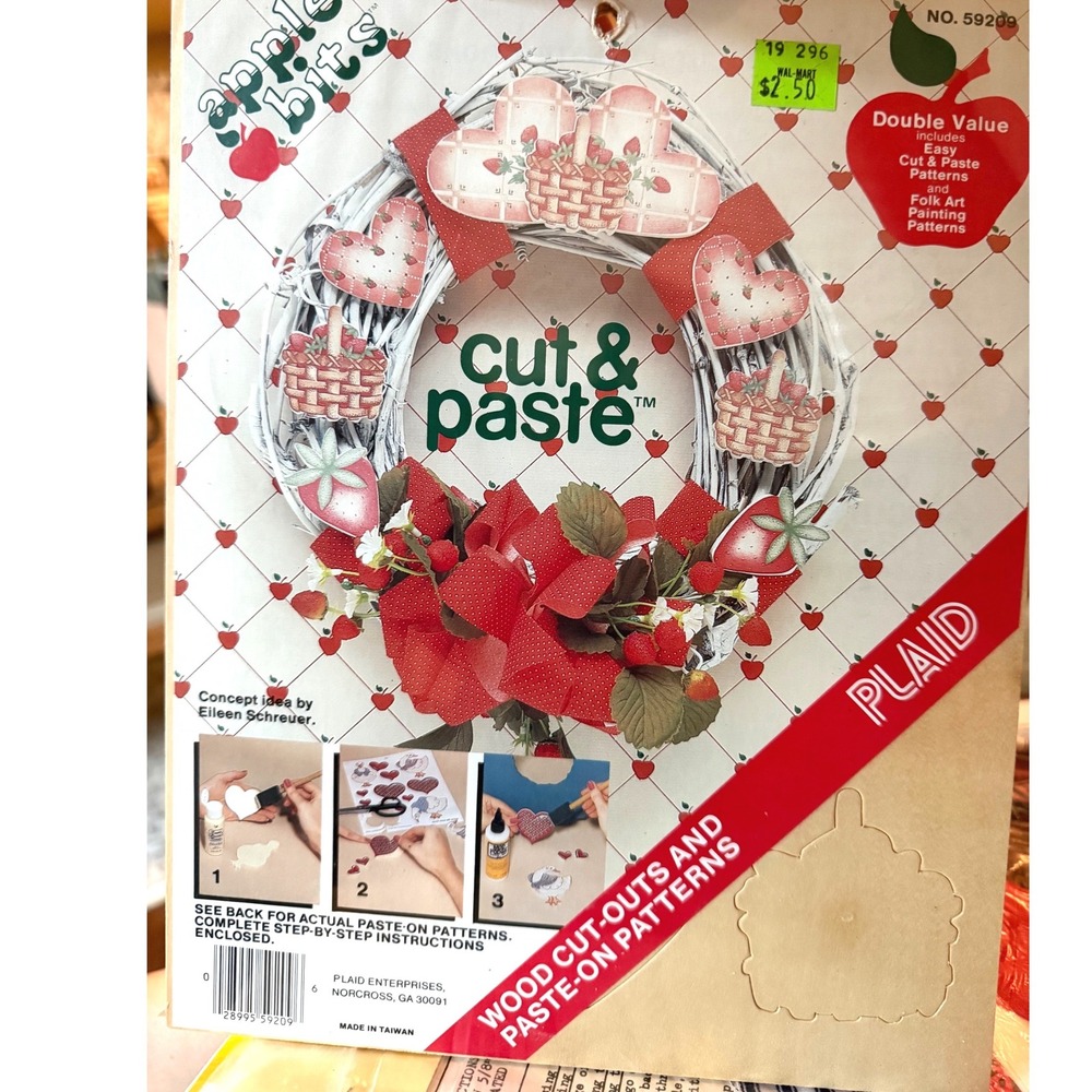 Vintage Plaid Apple Bits Cut & Paste Wood Cut-Outs Strawberry Hearts FolkArt Kit